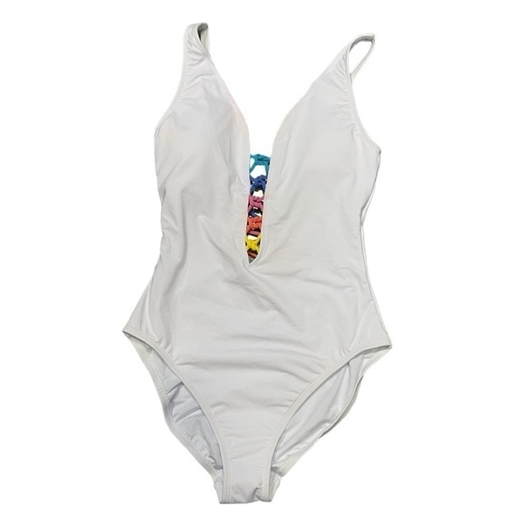 Bleu Rod Beattie White Multi Rainbow Lace Down One-Piece - Picture 5 of 7